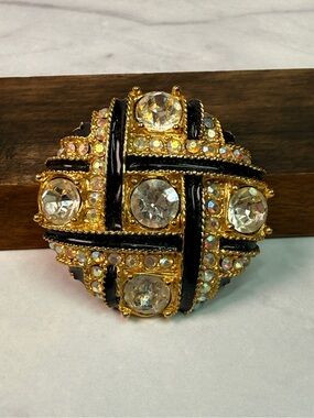 Vintage Basketweave Rhinestone and Enamel Brooch